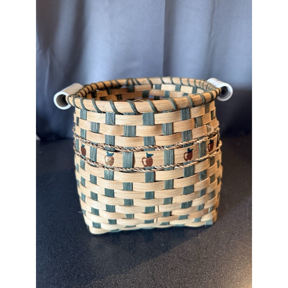 Vintage Woven Apple Basket With Plastic Handles, Red And Green Details Cottage